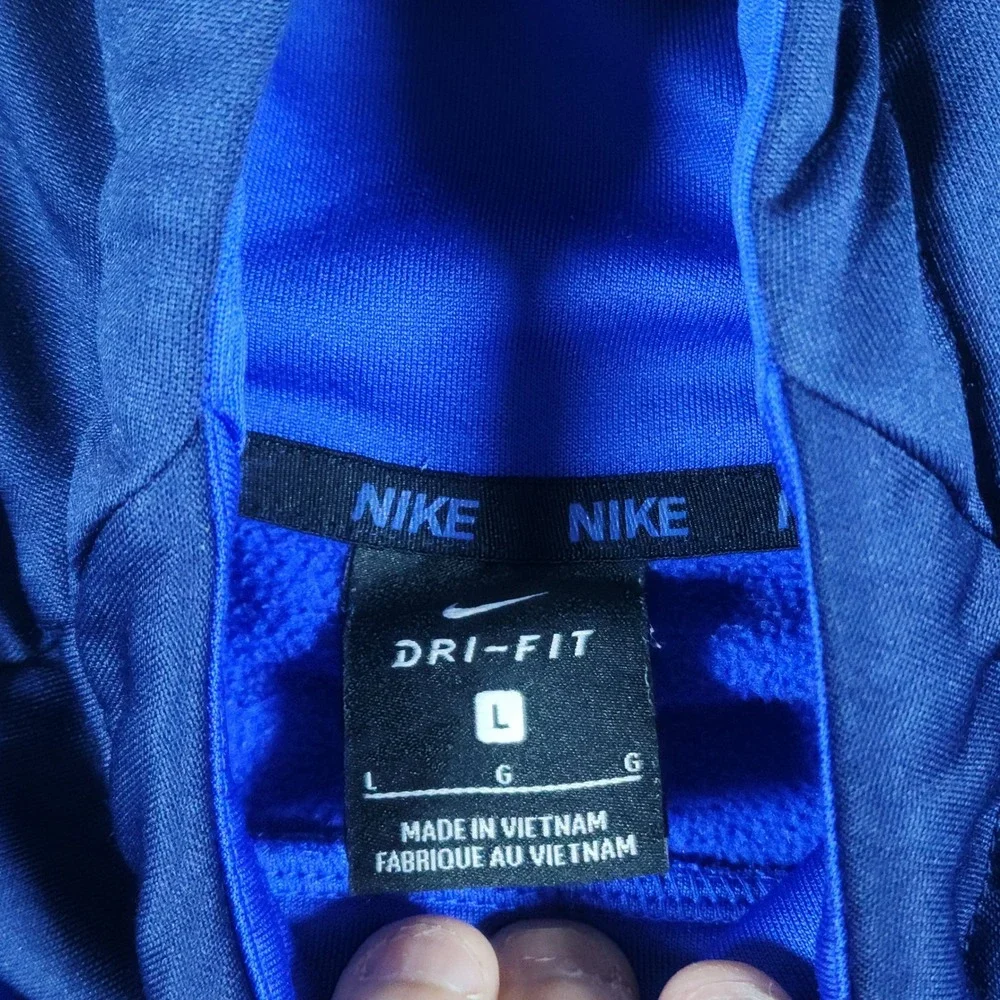 Nike Dri FIT Hoodie Blue Navy Big Swoosh Fleece Pullover Sweatshirt Mens L
